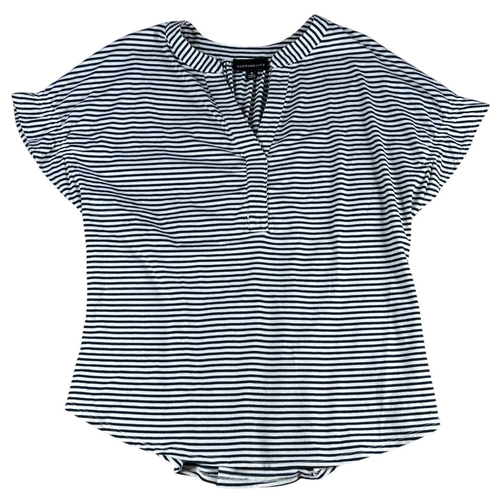 Fortune + Ivy Split Neck Striped Top Navy Blue White Medium Poly Rayon Womens